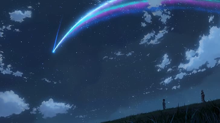 anime, criaturas de anime, chicas anime, racha de meteoritos, masa de nubes, noche, paisajes, Fondo de pantalla HD