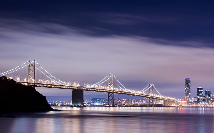 جسر أوكلاند جسر سان فرانسيسكو أضواء ليلية عالية الدقة ، ليلا ، سيتي سكيب ، جسر ، أضواء ، سان ، فرانسيسكو ، أوكلاند، خلفية HD