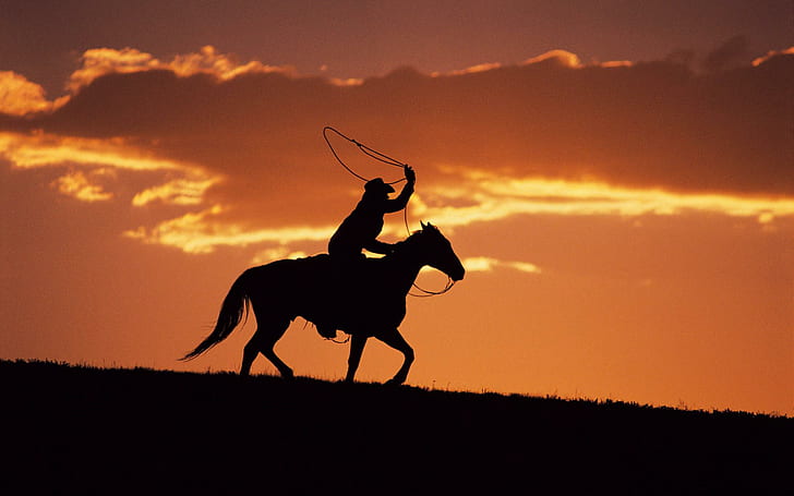 Westcowboy bei Sonnenuntergang, Schattenbild des Cowboyreitpferds, Sonnenuntergang, West, Cowboy, andere, HD-Hintergrundbild
