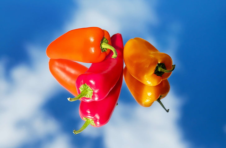 agriculture, bell peppers, blur, bright, close up, color, diet, food, fresh, garden, grow, health, healthy, ingredients, nutrition, orange, organic, pepper, red, still life, summer, vegetable, vegetables, vibrant, yello, HD wallpaper
