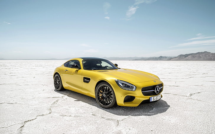balap, Mercedes-Benz, mobil kuning, gurun, mobil, Mercedes-AMG GT, kendaraan, cakrawala, Mercedes-Benz AMG GT, Wallpaper HD