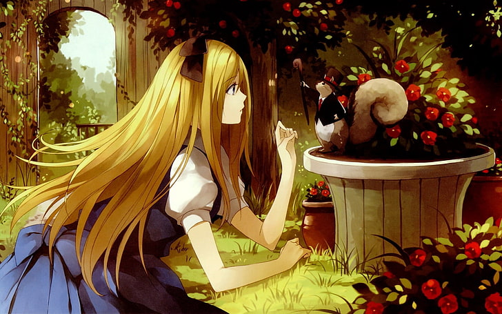Blonde haired female anime character, girl, blonde, hamster, hat, garden,  HD wallpaper | Wallpaperbetter