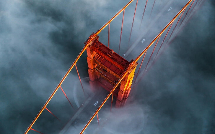 Aerial View, architecture, bridge, Golden Gate Bridge, landscape, mist, Morning, nature, San Francisco, sunrise, HD wallpaper