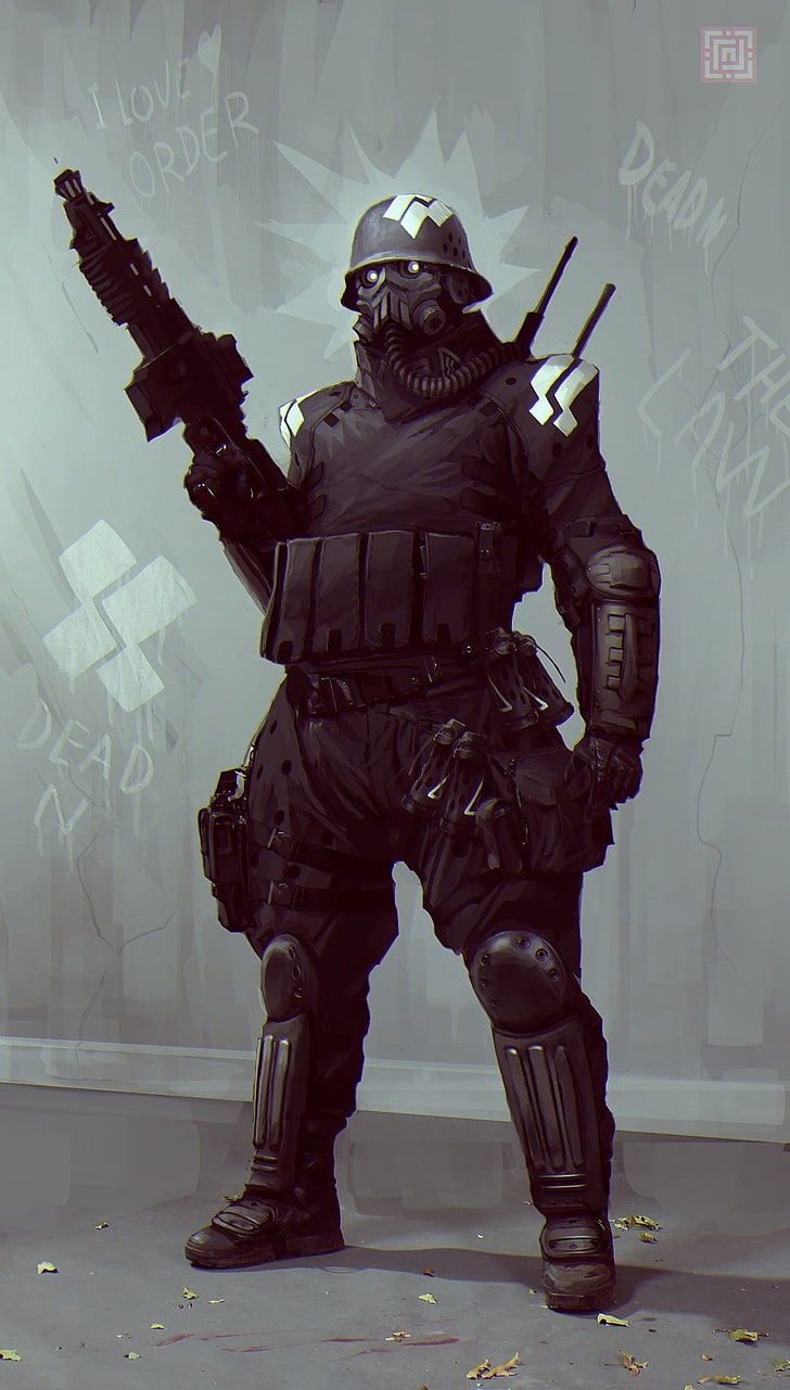 man holding rifle digital wallpaper, soldier, Rives Alexis, machine gun, fantasy art, HD wallpaper