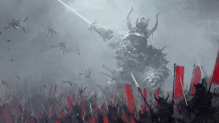 fondo de pantalla de monstruo blindado, arte digital, samurai, lucha, Jakub Różalski, arte de fantasía, guerra, soldado, batalla, demonio, Fondo de pantalla HD