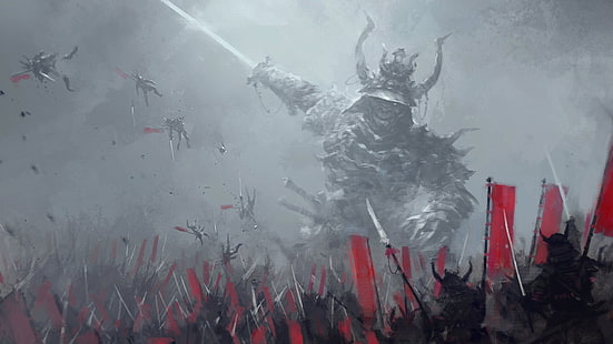 fondo de pantalla de monstruo blindado, arte digital, samurai, lucha, Jakub Różalski, arte de fantasía, guerra, soldado, batalla, demonio, Fondo de pantalla HD HD wallpaper