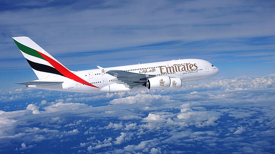 Самолет на авиокомпания Emirates, Самолети, Airbus A380, Самолет, Самолет, Облак, Emirates, HD тапет HD wallpaper