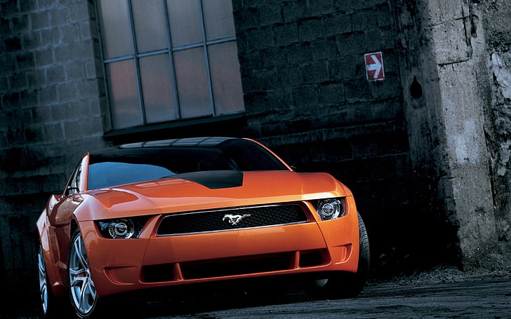 orange and black Ford Mustang coupe, ford, mustang, auto, front, HD wallpaper