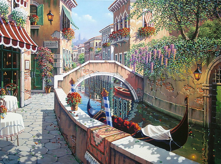 Картина на Гранд канал във Венеция, лято, цветя, Италия, Венеция, канал, Сан Марко, живопис, гондола, Боб Пейман, района на Венеция, Проход към Сан Марко, HD тапет