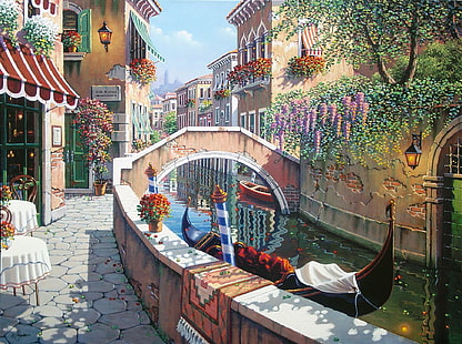 Veneza Grand Canal pintura, verão, flores, Itália, Veneza, canal, San Marco, pintura, gôndola, Bob Pejman, a área de Veneza, Passagem para San Marco, HD papel de parede HD wallpaper