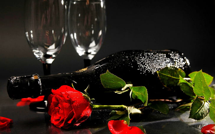 Uma garrafa de champanhe, rosas, flores, flores, vinho, uma garrafa de champanhe, taças de vinho, rosa, 3d e abstrato, HD papel de parede