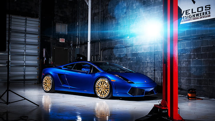 blue Lamborghini Gallardo on white floor, Lamborghini, Gallardo, blue cars, digital art, vehicle, HD wallpaper