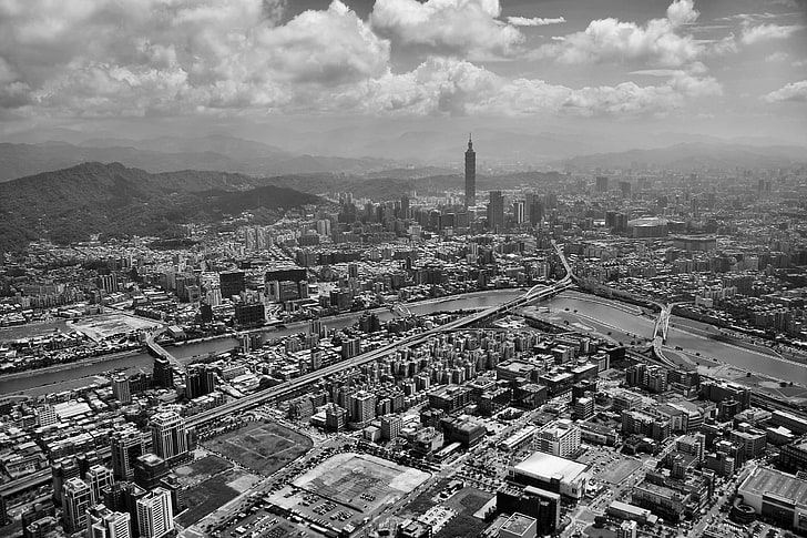 aerial, aerial shot, aerial view, architecture, black and white, buildings, cars, city, cityscape, clouds, cloudy, foggy, hazy, misty, mountains, murky, river, road, roads, sky, skyline, skyscraper, urban, water, HD wallpaper