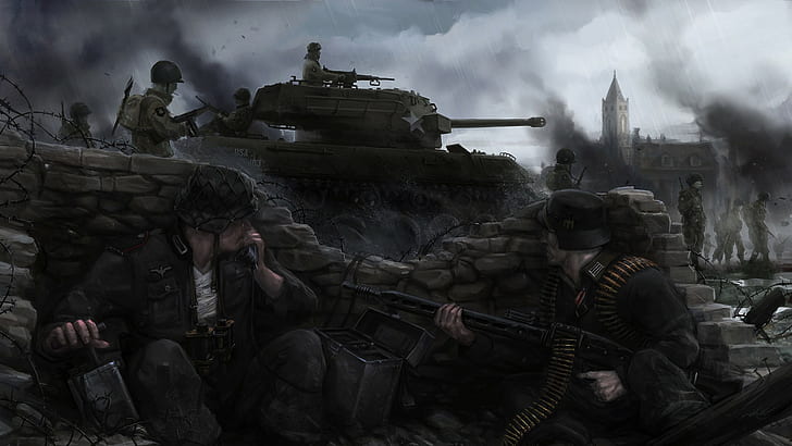 Nazi, Ambush, tank, machine gun, soldier, World War II, M18 Hellcat, war, video games, HD wallpaper