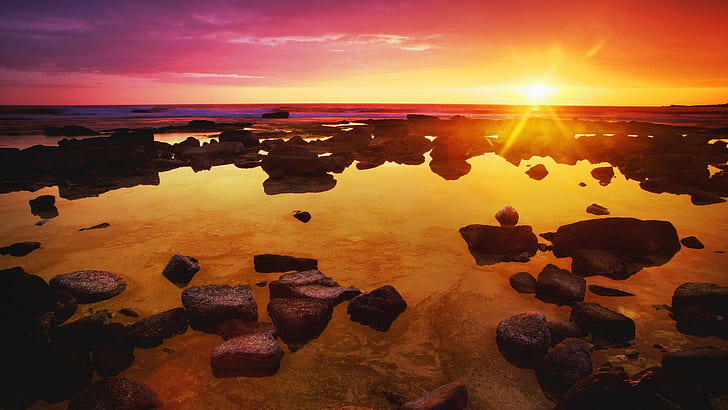 paysage, soleil, lever du soleil, mer, ciel violet, rochers, horizon, skyscape, Fond d'écran HD