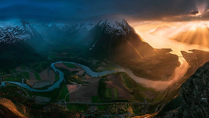 river and mountain illustration, sunset, Norway, field, road, mountains, clouds, sun rays, town, snowy peak, bay, valley, nature, landscape, river, panorama, HD wallpaper