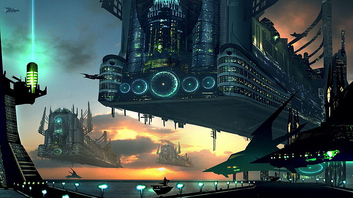 ilustración de aviones de construcción negra, futurista, nave espacial, ciencia ficción, mar, nubes, puesta de sol, luces, máquina, Fondo de pantalla HD