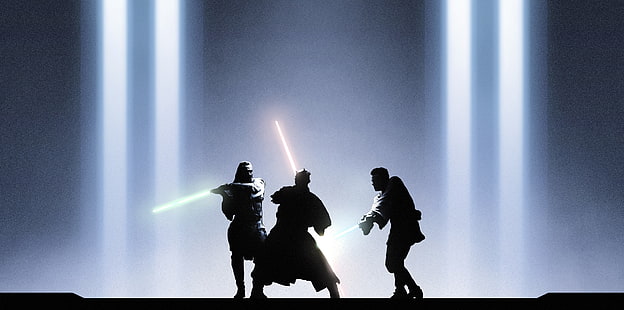 Combat de silhouettes de Star Wars, Star Wars: La Menace fantôme, films, Jedi, Sith, Star Wars, Jinn qui-Gon, Obi-Wan Kenobi, Dark Maul, sabre laser, combats, Fond d'écran HD HD wallpaper
