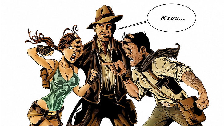 cowboy illustration, Tomb Raider, uncharted, Indiana Jones, Lara Croft, humor, HD wallpaper