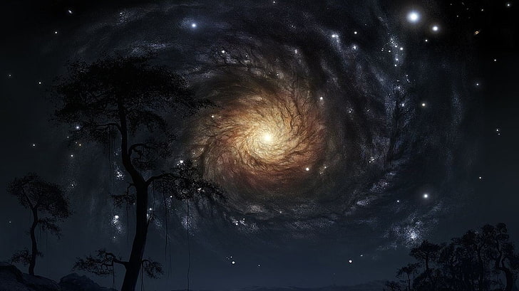 ภาพวาดต้นไม้ต้นไม้ธรรมชาติท้องฟ้าดวงดาวกลางคืนศิลปะอวกาศอวกาศ, วอลล์เปเปอร์ HD