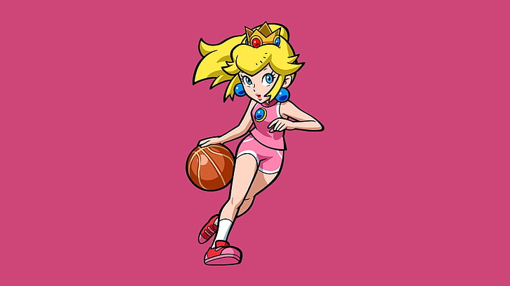 девушка с желтыми волосами, держащая баскетбол, принцесса Пич, Супер Марио, Супер Марио Бразерс, Нинтендо, видеоигры, произведение искусства, HD обои