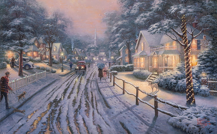 ความทรงจำคริสต์มาสบ้านเกิดโดย Thomas Kinkade, ภาพวาดบ้านที่ปกคลุมไปด้วยหิมะ, วันหยุด, คริสต์มาส, ความทรงจำ, Thomas, Kinkade, บ้านเกิด, วอลล์เปเปอร์ HD