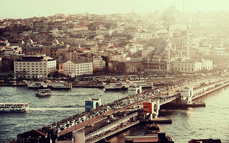 brown concrete bridge, cityscape, bridge, building, river, Istanbul, Turkey, HD wallpaper