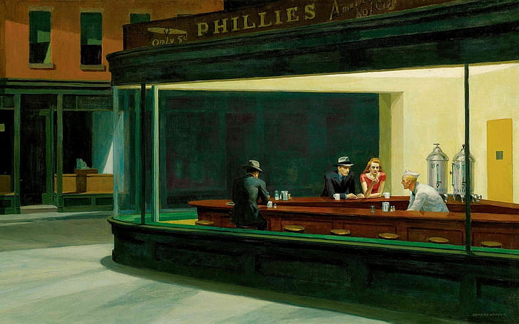 картини кафе Edward Hopper произведения на изкуството nighthawks at the diner diner fedoras 1680x1050 Art artwork HD Art, кафе, картини, HD тапет