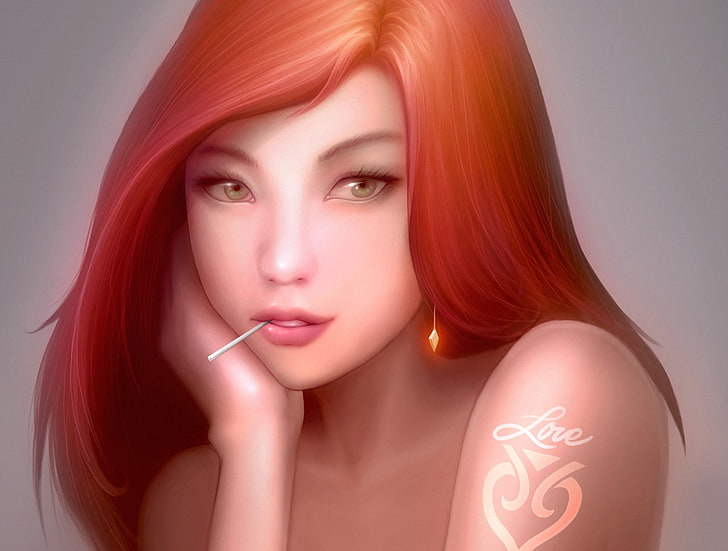 ilustracja rudowłosej kobiety, dziewczyna, ręka, sztuka, tatuaż, czerwony, miłość, różdżka, Tapety HD