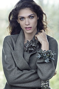 Elisa Sednaoui, grey coat, brunette, HD wallpaper HD wallpaper