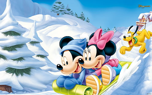 Disney, Mickey Mouse, Minnie Mouse, Plutão, Neve, HD papel de parede HD wallpaper