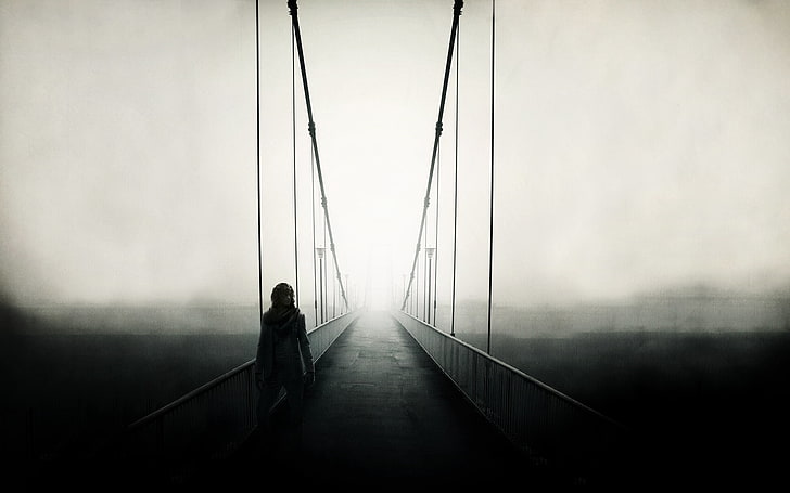 black cable-stayed bridge, bridge, man, fog, walking, solitude, freedom, HD wallpaper