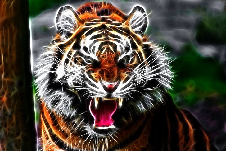tigre brun, visage de tigre, agression, dents, lignes, Fond d'écran HD