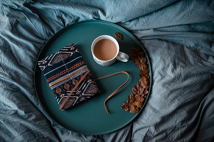 bed, coffee, book, notebook, diary, tray, blacknot, the nap, nawotka, HD wallpaper