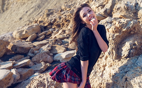  Mila Azul, rocks, looking at viewer, skirt, black sweater, smiling, HD wallpaper HD wallpaper
