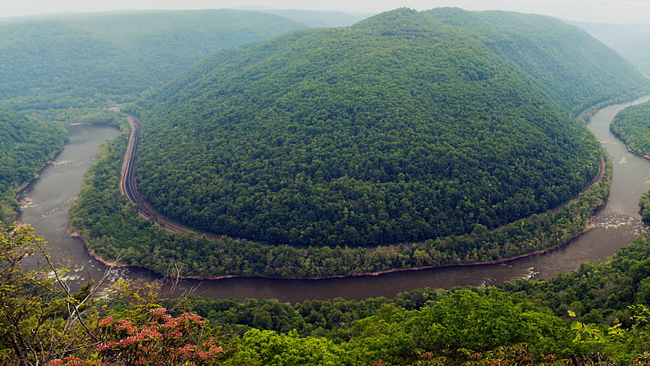 غابة ، جبال ، نهر ، سكة حديد ، ضباب ، الولايات المتحدة الأمريكية ، المنظر من الأعلى ، فيرجينيا الغربية، خلفية HD