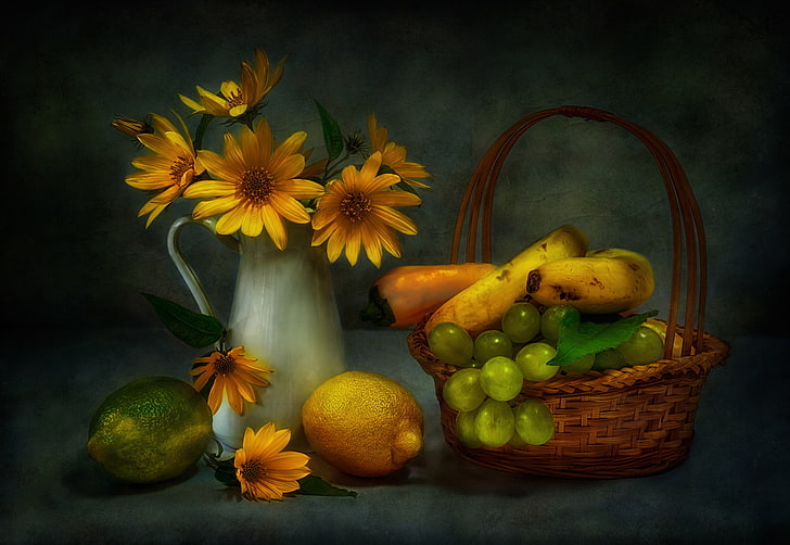 لا تزال الحياة والغذاء والزهور الصفراء والفاكهة، خلفية HD