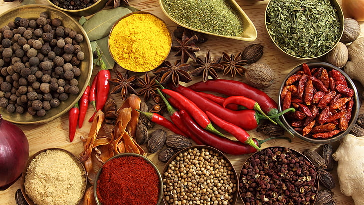 variety of spices on brown surface, Spices, pepper, chilli, basil, nutmeg, cinnamon, HD wallpaper