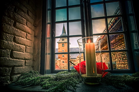 castello, torre, candela, finestra, Natale, Norvegia, fortezza, Oslo, rami di abete rosso, fortezza di Akershus, Sfondo HD HD wallpaper