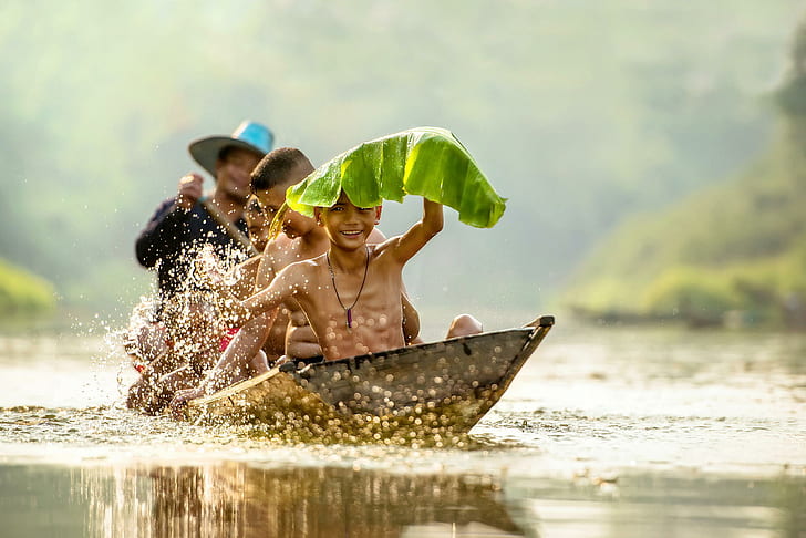 children, sheet, river, boat, laughter, Vietnam, smile, high quality, boys, swimming, kids, HD wallpaper