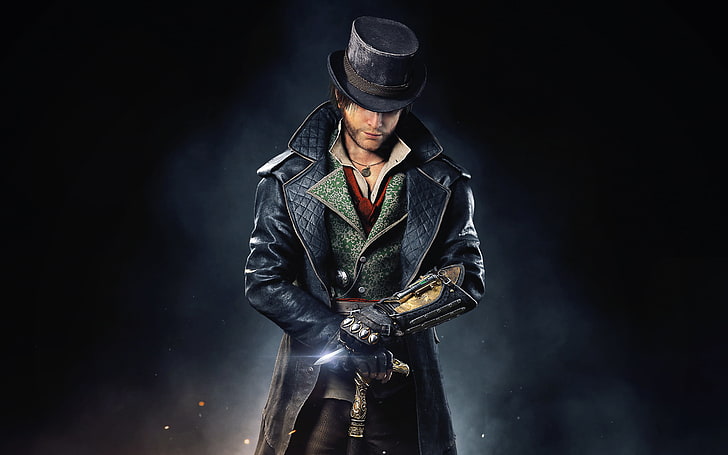 male character wearing black leather coat wallpaper, Hat, Cloak, Syndicate, Medallion, Equipment, Ubisoft Quebec, Cane, Blade, Assassin's Creed: Syndicate, Jacob Fry, HD wallpaper