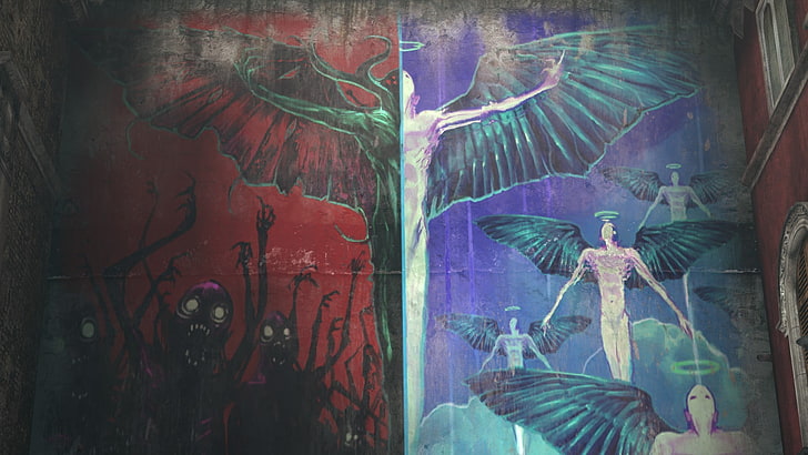 malaikat, dan iblis merah, hitam, dan biru melukis, iblis, Surga dan Neraka, grafiti, dinding, sayap, Halo, DmC: Devil May Cry, Wallpaper HD