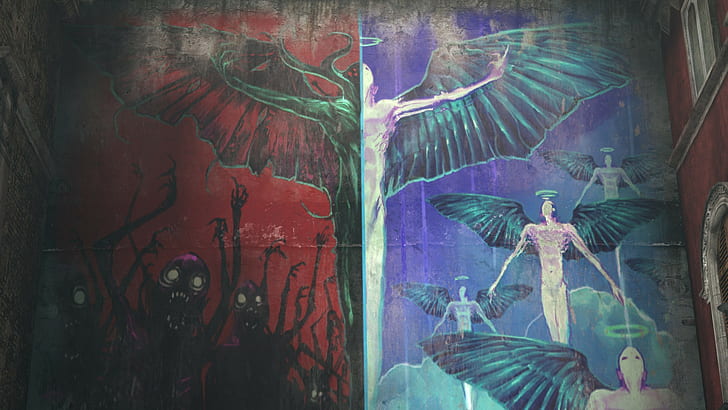 Halo, pared, cielo e infierno, alas, demonio, graffiti, DmC: Devil May Cry, Fondo de pantalla HD