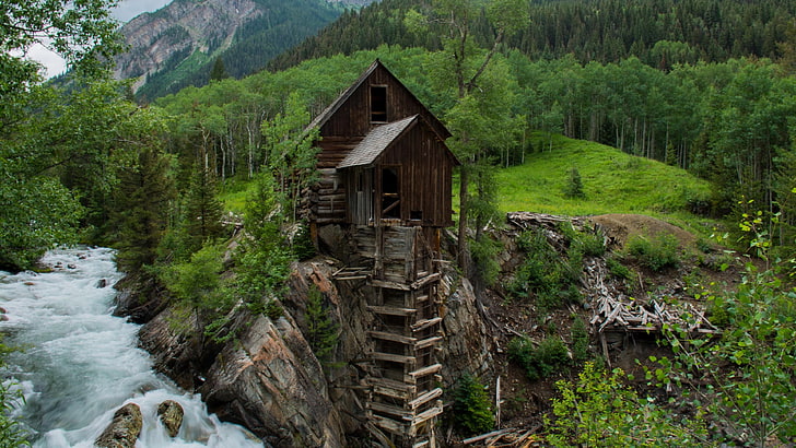 crystal mill, crystal, crystal river, united states, usa, colorado, powerhouse, wooden, old mill, cottage, old, rocky, rock, creek, mountain, nature, forest, HD wallpaper