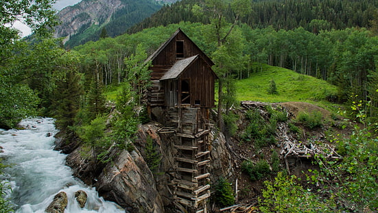 crystal mill, crystal, crystal river, united states, usa, colorado, powerhouse, wooden, old mill, cottage, old, rocky, rock, creek, mountain, nature, forest, HD wallpaper HD wallpaper