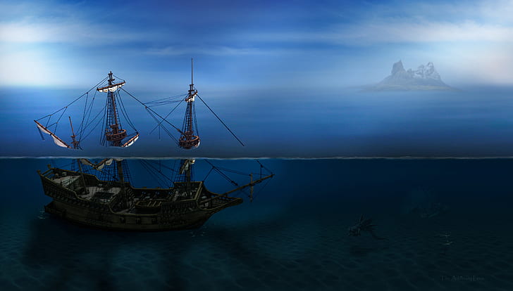 Schiff, Boot, Piraten, Piratenschiff, Meer, blau, Wasser, Minimalismus, Segeln, Segelschiff, Insel, HD-Hintergrundbild