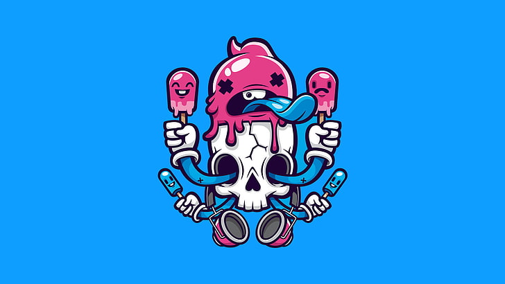 pink and white skull holding candy clip art, symmetry, skull, headphones, popsicle, ice cream, simple background, cyan, cyan background, HD wallpaper