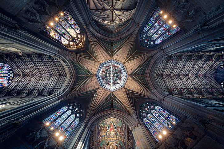 cathedral ceiling low angle 360 photography, Ceiling, Cathedral, Symmetrical, Interior, Architecture, 4K, HD wallpaper