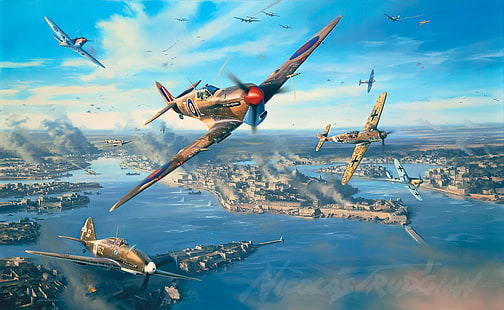 Dogfight, Luftwaffe, Malta, Messerschmitt Bf 109, Military Aircraft, Royal Airforce, Supermarine Spitfire, World War II, HD wallpaper HD wallpaper