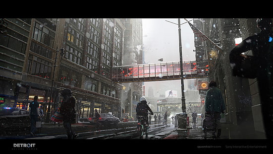 czarna męska kurtka, Antoine Boutin, Detroit staje się człowiekiem, grafika koncepcyjna, grafika gier wideo, ulica, rower, Detroit: Become Human, gry wideo, Tapety HD HD wallpaper
